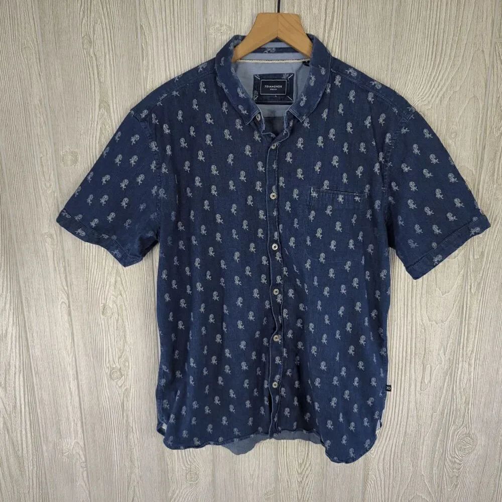 7Diamonds Blue Denim Short Sleeve Button Front Shirt Rose Pattern Mens Size XL S